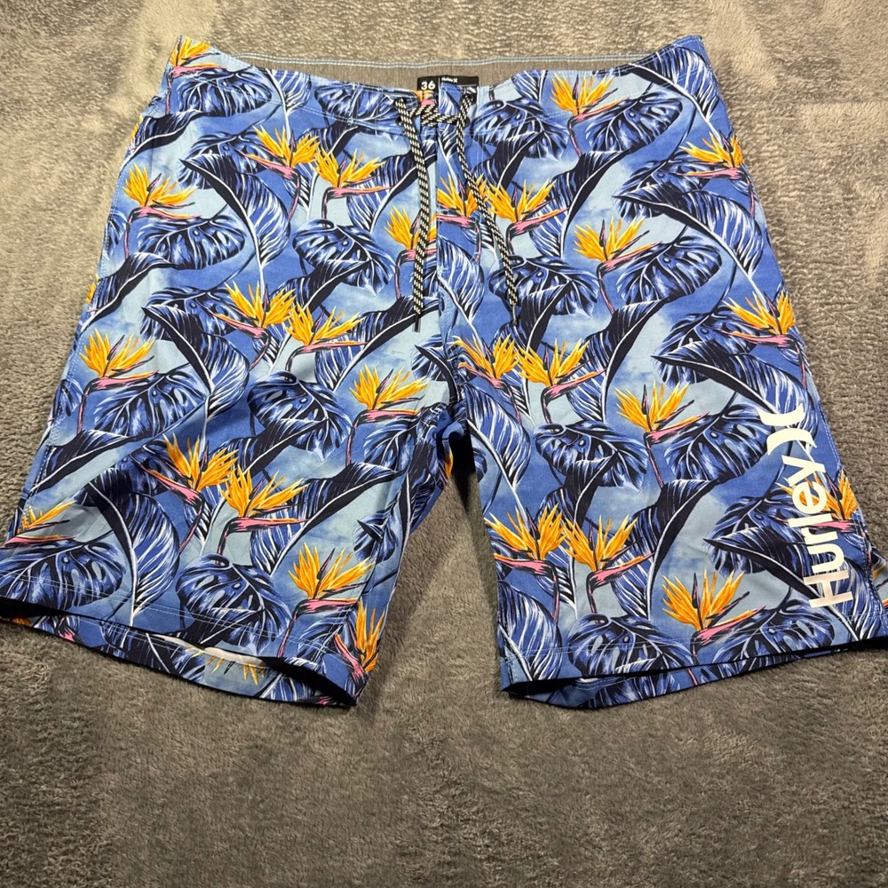 Hurley Mens 36 Board Shorts Blue Bird of Paradise Floral Tropical Swim Trunks